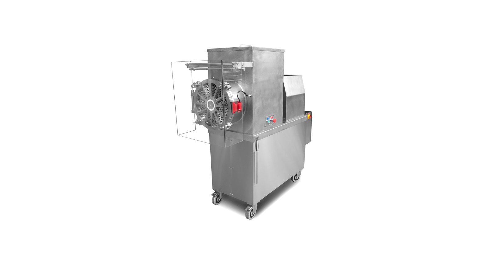 A grinding machine to reduce multiple blocks of processed cheese, butter or solid fats into smaller pieces quickly and evenly.