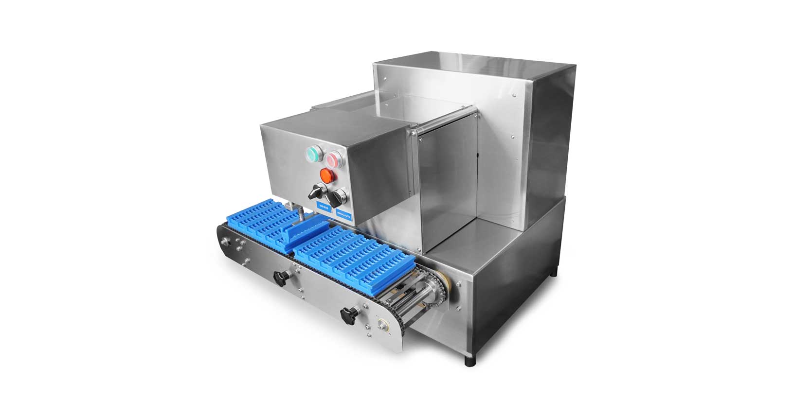 A tabletop automatic skewering machine that can produce up to 1,100 skewers an hour with custom moulds to ensure precise skewering.